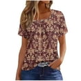 thumbnail image 1 of Women's Summer Tops Summer Pleated Square Neck Flotral Printed Short Sleeve Shirts Casual Loose Tunic Blouses (XL, Orange), 1 of 5