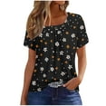 thumbnail image 1 of Women's Summer Tops Summer Pleated Square Neck Flotral Printed Short Sleeve Shirts Casual Loose Tunic Blouses (XXXL, Black), 1 of 5