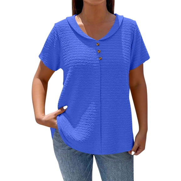 Women's Summer Tops Textured V Neck Short Sleeve Blouse Breathable Solid Color Shirts Blue 4XL