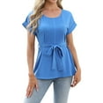 thumbnail image 1 of Women's Summer Tops Tie Front Pleated Tunic Ruffle Sleeve Shirts Fashion Casual Loose Fit Solid Color Blouses (2XL, Blue), 1 of 6