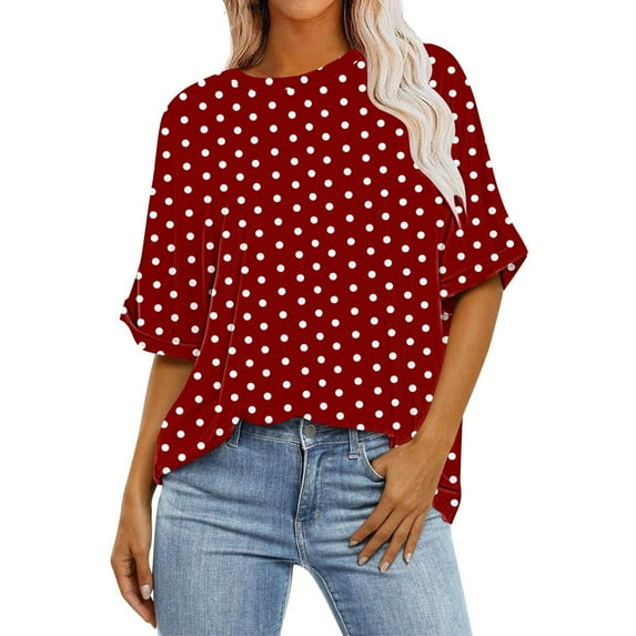 Women's Summer Tops Trendy Polka Dots Crew Neck Short Sleeve Casual Loose Shirts Comfortable Tunic Blouses (L, Wine)