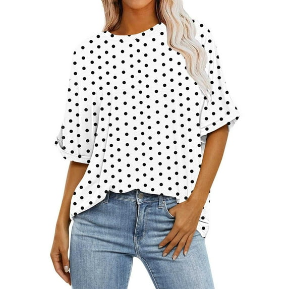 Women's Summer Tops Trendy Polka Dots Crew Neck Short Sleeve Casual Loose Shirts Comfortable Tunic Blouses (XL, White)