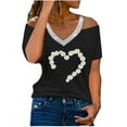 thumbnail image 1 of Women's Summer Tops V Neck Cold Shoulder Sequin Short Sleeve Shirts Summer Casual Flower Printed Loose Blouses (2XL, Black 3), 1 of 5
