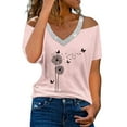 thumbnail image 1 of Women's Summer Tops V Neck Cold Shoulder Sequin Short Sleeve Shirts Summer Casual Flower Printed Loose Blouses (M, Pink 1), 1 of 4