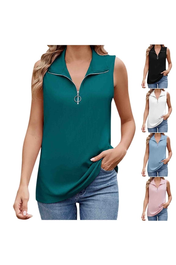 Women's Summer Tops V Neck Collared Shirts Dressy Casual Ribbed Tank Top with Zipper Loose Fit Tops