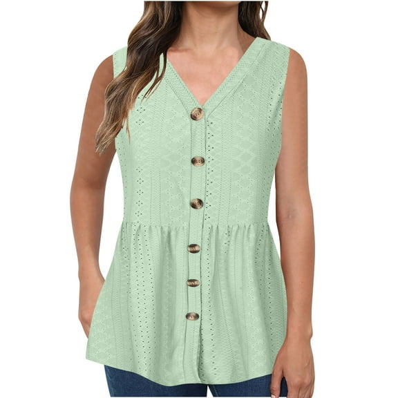 Women's Summer Tops Vest Casual Plain V Neck Eyelet Henley Tunic Beach Cami Tops Ladies Sleeveless Button Up Vest Tops Flowy Peplum Hem Tank Tops 2024 Summer Casual Clothes