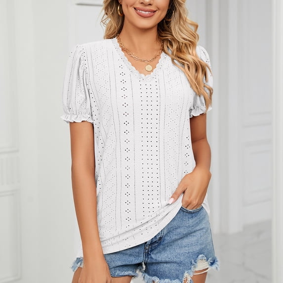 Women's Summer Tops Women's Fashion Casual Solid V-Neck Splicing Princess Sleeve Hollow T-shirt