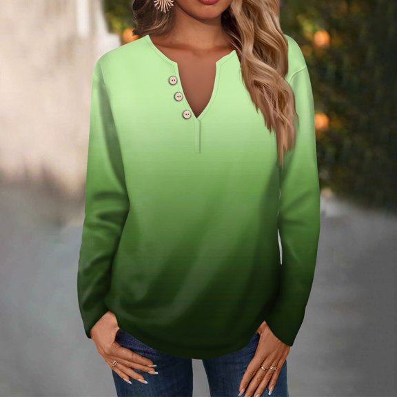 Women's Summer Tops Women's Fashion Casual V-Neck Long Sleeve Loose Printed T-Shirt Ladies Top With Decorative Buttons