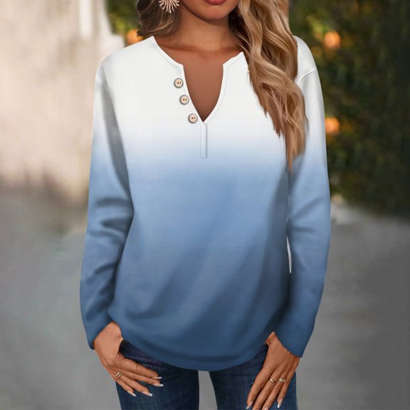 Women's Summer Tops Women's Fashion Casual V-Neck Long Sleeve Loose Printed T-Shirt Ladies Top With Decorative Buttons