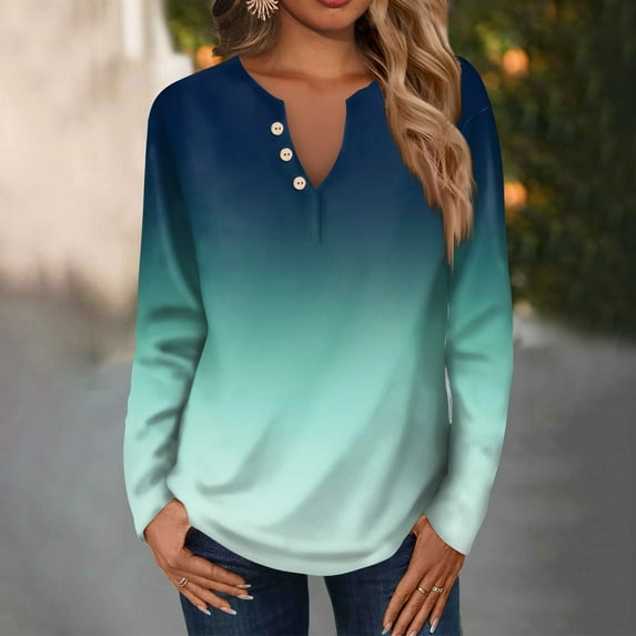 Women's Summer Tops Women's Fashion Casual V-Neck Long Sleeve Loose Printed T-Shirt Ladies Top With Decorative Buttons