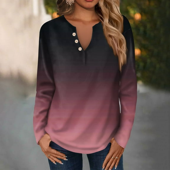 Women's Summer Tops Women's Fashion Casual V-Neck Long Sleeve Loose Printed T-Shirt Ladies Top With Decorative Buttons