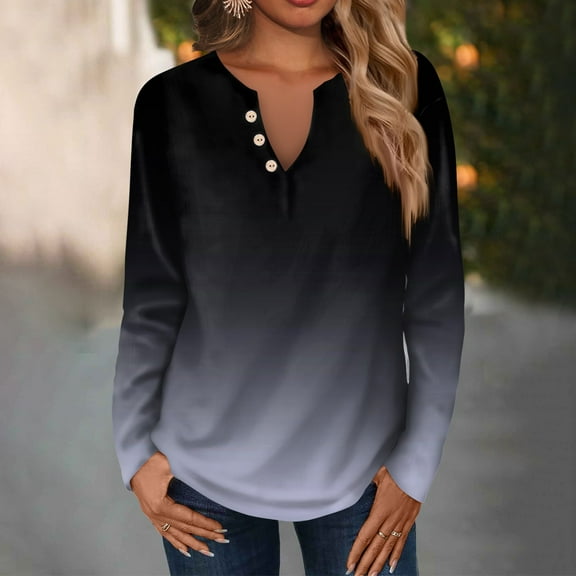 Women's Summer Tops Women's Fashion Casual V-Neck Long Sleeve Loose Printed T-Shirt Ladies Top With Decorative Buttons