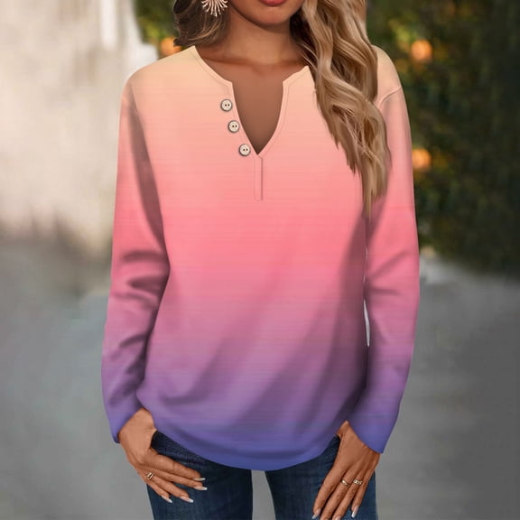 Women's Summer Tops Women's Fashion Casual V-Neck Long Sleeve Loose Printed T-Shirt Ladies Top With Decorative Buttons