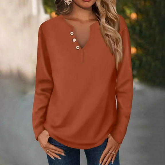Women's Summer Tops Women's Fashion Casual V-Neck Long Sleeve Loose Soild Printed T-Shirt Ladies Top With Decorative Buttons
