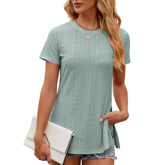 Women's Summer Tops Women's Fashion Solid Color Round Neck With Side Slit Short Sleeve Loose T-Shirt Top