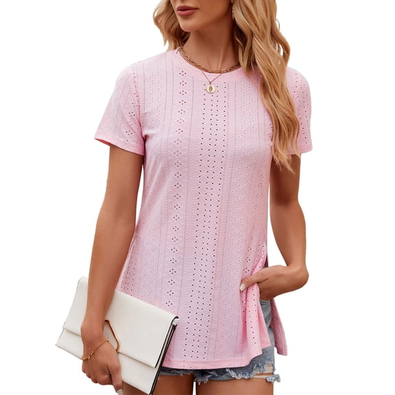 Women's Summer Tops Women's Fashion Solid Color Round Neck With Side Slit Short Sleeve Loose T-Shirt Top