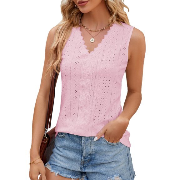 Women's Summer Tops Women's Fashion Solid Color V-neck Lace Patchwork Loose Sleeveless Vest Top