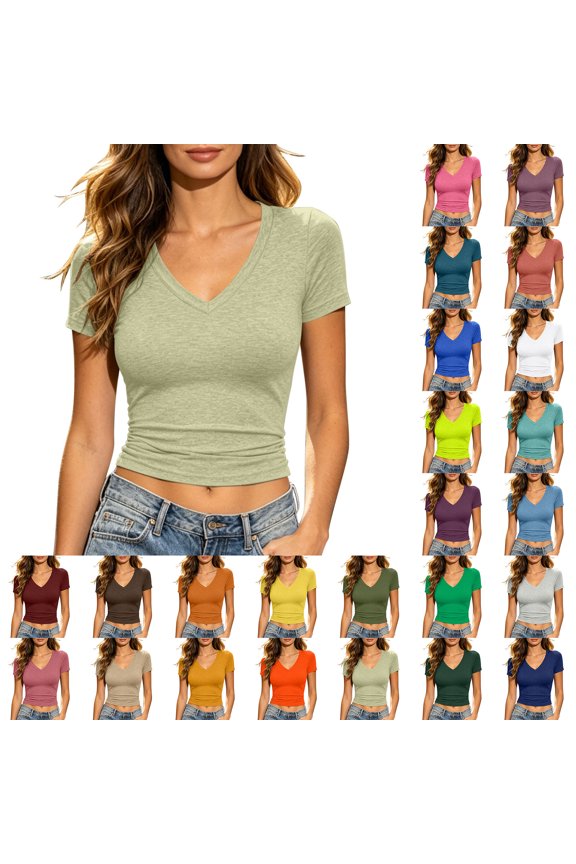Women's Summer Tops Zaewscy Women's Summer Slim Short Sleeve T-Shirt Thin Breathable Stretch Solid Color Plus Size V-Neck Base Layer Beige1 XXXL
