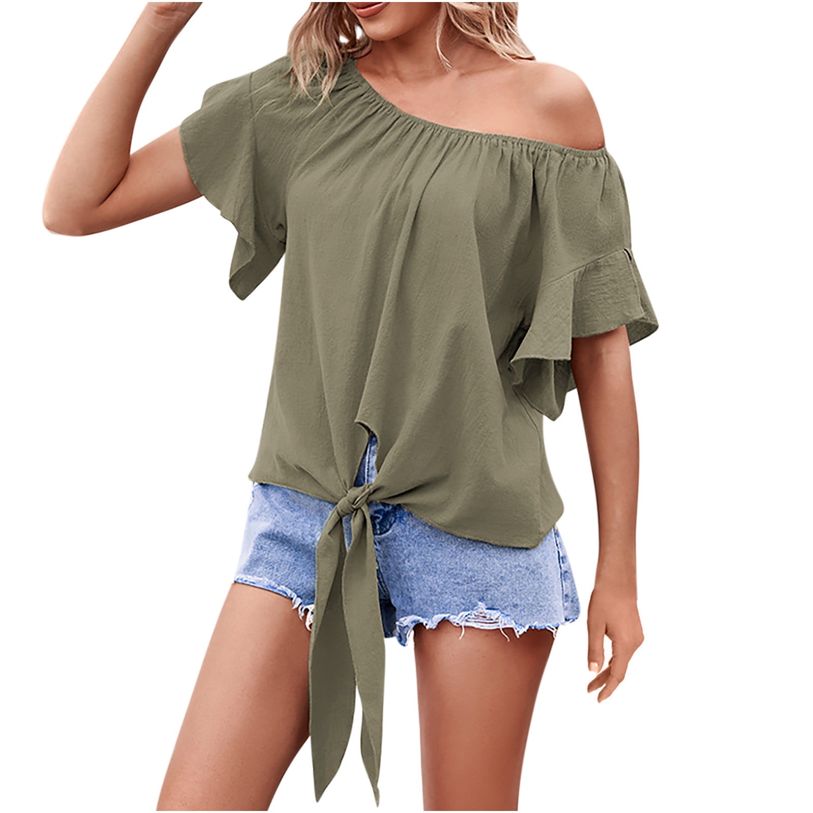 Women's Summer Tops off Shoulder Ruffle Bow Tie Short Sleeve T-shirts ...