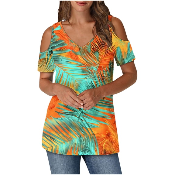 Women's Summer Trendy Tops Floral Printed Cold Shoulder Tunic Tee Shirt V Neck Short Sleeve Casual Blouses Beach Outfits (2XL, Green 01)