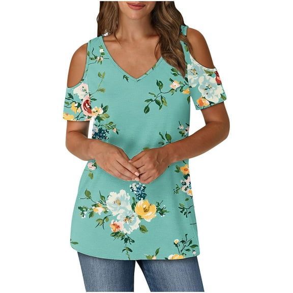 Women's Summer Trendy Tops Floral Printed Cold Shoulder Tunic Tee Shirt V Neck Short Sleeve Casual Blouses Beach Outfits (2XL, Green 02)