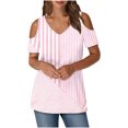 thumbnail image 1 of Women's Summer Trendy Tops Floral Printed Cold Shoulder Tunic Tee Shirt V Neck Short Sleeve Casual Blouses Beach Outfits (2XL, Pink), 1 of 7