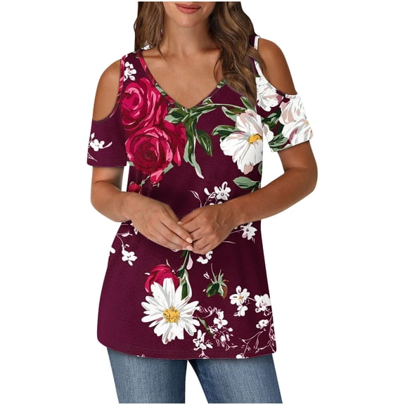 Women's Summer Trendy Tops Floral Printed Cold Shoulder Tunic Tee Shirt V Neck Short Sleeve Casual Blouses Beach Outfits (L, Wine)