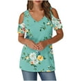 thumbnail image 1 of Women's Summer Trendy Tops Floral Printed Cold Shoulder Tunic Tee Shirt V Neck Short Sleeve Casual Blouses Beach Outfits (M, Green 02), 1 of 7