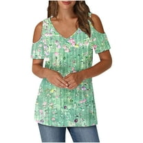 Women's Summer Trendy Tops Floral Printed Cold Shoulder Tunic Tee Shirt V Neck Short Sleeve Casual Blouses Beach Outfits (XL, Green 03)