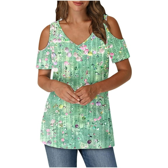 Women's Summer Trendy Tops Floral Printed Cold Shoulder Tunic Tee Shirt V Neck Short Sleeve Casual Blouses Beach Outfits (XL, Green 03)