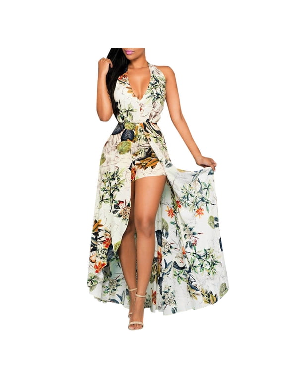 Women's Summer Tropical Floral Print V Neck Split Maxi Dress,Womens V Neck Spaghetti Strap Cocktail Party Long Dresses