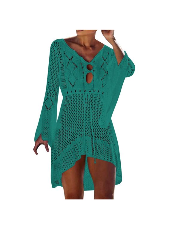 Women's Summer Trumpet Long Sleeve Deep V Neck Hollow Out Knitted Cover Up Beach Dress Swimwear Tie Waist Hi-Lo Dress
