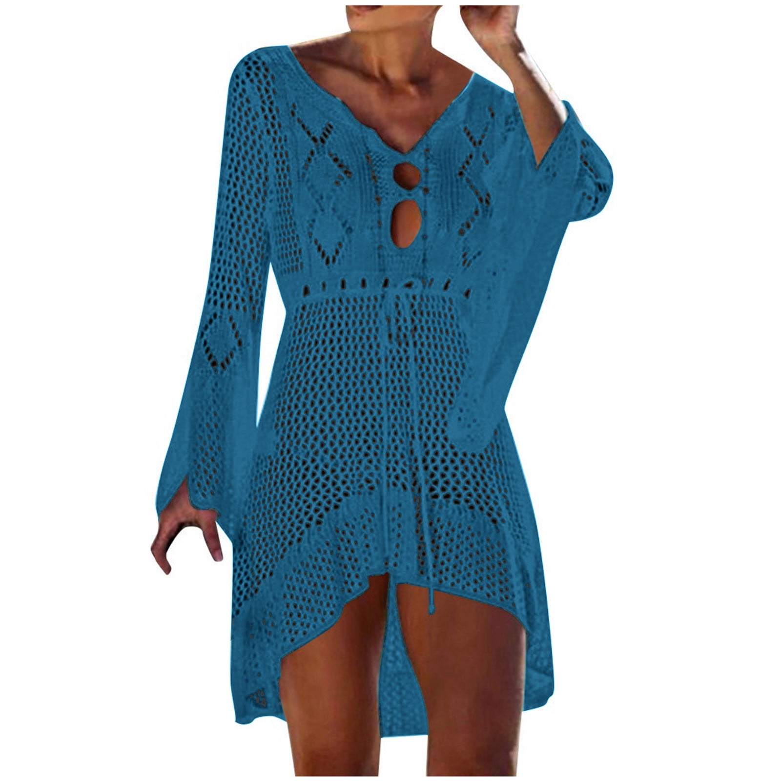 Women's Summer Trumpet Long Sleeve Deep V Neck Hollow Out Knitted Cover Up  Beach Dress Swimwear Tie Waist Hi-Lo Dress