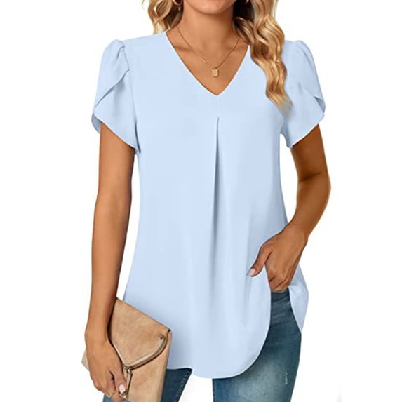 Women's Summer Tunic Tops Dressy Casual Chiffon Blouses Plus Size V Neck Short Sleeve T-Shirts Light Blue 2XL