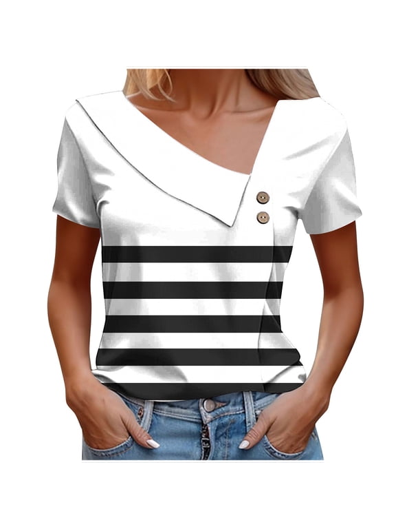 Women's Summer Tunic Tops with Short Sleeves and Offset Button Placket Asymmetrical Neckline Tshirts