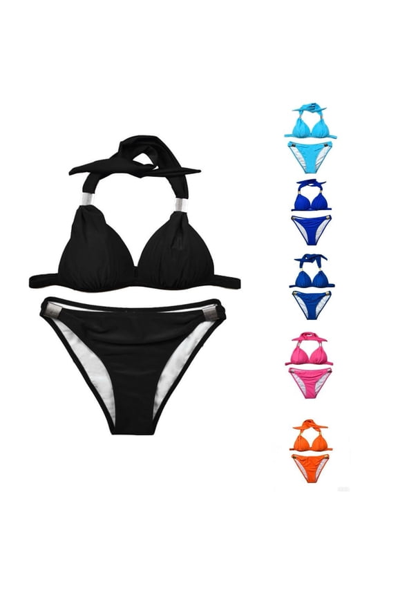 Women's Summer Two Piece Bikini Set Swimsuits Bathing Suits, Halter Triangle Top & High Waisted Bottom, Solid Color Swimwear for Beach Vacation Pool Party | Aestivo,Blue L