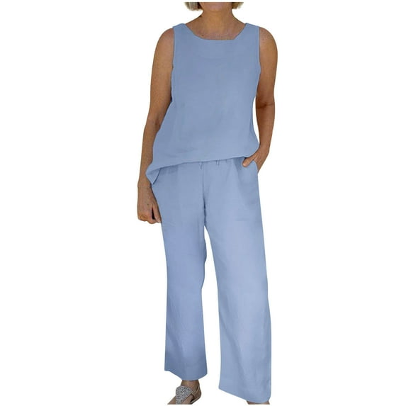 Women's Summer Two-Piece Suit Comfy Cotton Linen Loose Set Casual Solid Crew Neck Sleeveless Blouse Loose Loungewear Pants Fashion 2pc Set(S,Sky Blue)