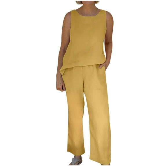 Women's Summer Two-Piece Suit Comfy Cotton Linen Loose Set Casual Solid Crew Neck Sleeveless Blouse Loose Loungewear Pants Fashion 2pc Set(XL,Yellow)