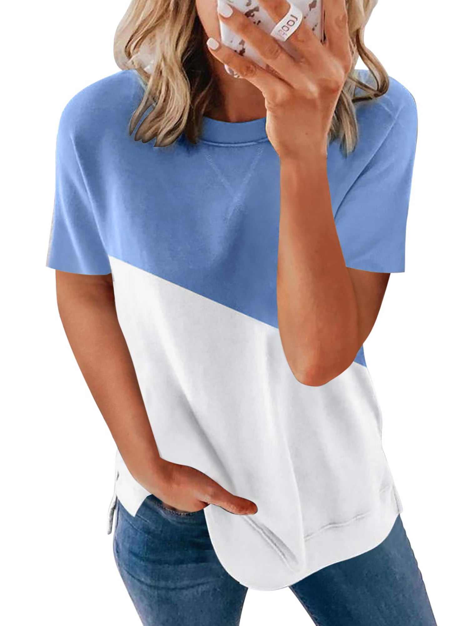 Women's Summer Two Tone Colorblock Short Sleeve Top Loose Casual Round Neck  T Shirt Side Slit