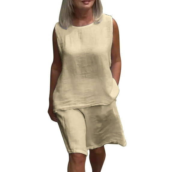 Women's Summer Two-piece Outfit Set Crew Neck Sleeveless Tank Set Wide Leg Shorts Set Loose Casual Clothes Set with Pockets