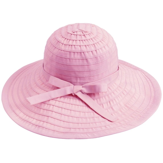 Women's Summer UPF 50+ Roll Up Floppy Beach Hat with Ribbon Pink