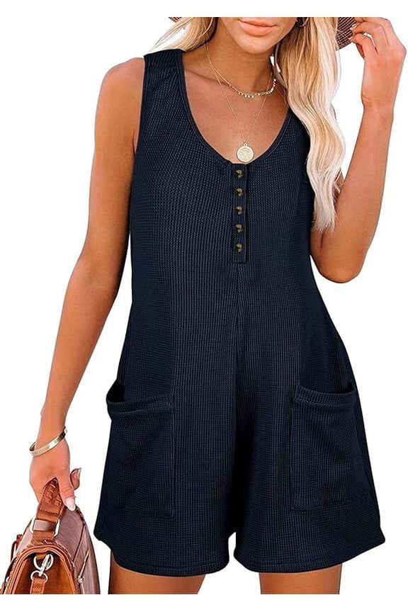 Women's Summer V Neck Casual Rompers Sleeveless Button Down Waffle Short Jumpsuits with Pockets, XL