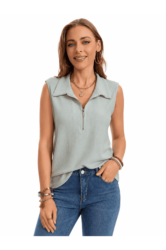 Women's Summer V Neck Collared Ribbed Tank Top Half Zipper Casual Loose Sleeveless Tops
