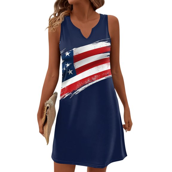 Women's Summer V-Neck Dress, Independence Day Themed Sleeveless Sundress with Elastic Waist, Perfect for Barbecues and Family Gatherings,Navy S