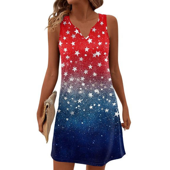 Women's Summer V-Neck Dress, Independence Day Themed Sleeveless Sundress with Elastic Waist, Perfect for Barbecues and Family Gatherings,Red S