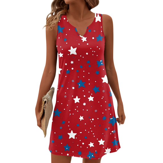 Women's Summer V-Neck Dress, Independence Day Themed Sleeveless Sundress with Elastic Waist, Perfect for Barbecues and Family Gatherings,Vermilion M