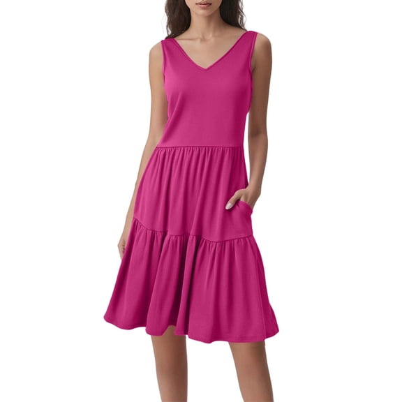 Women's Summer V Neck Flowy Mini Dress Casual Tiered A Line Skirt with Pockets for Beach Daily Wear