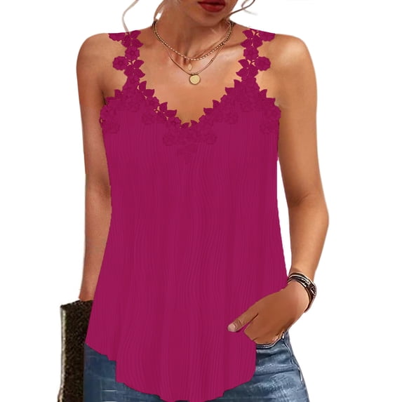 Women's Summer V Neck Lace Embroidered Tank Tops Loose Flowy Cami Casual Vacation Textured Shirts