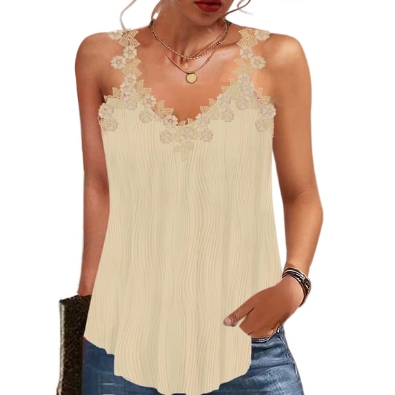 Women's Summer V Neck Lace Embroidered Tank Tops Loose Flowy Cami Casual Vacation Textured Shirts