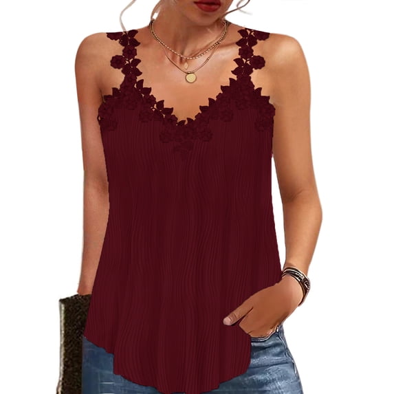 Women's Summer V Neck Lace Embroidered Tank Tops Loose Flowy Cami Casual Vacation Textured Shirts